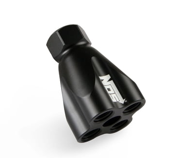 Showerhead Distribution Block, Inlet: -8 AN O-Ring Female Port, Outlet: (4) x -6 AN O-Ring Female Port, No Fittings, Black Anodized, #8, #6