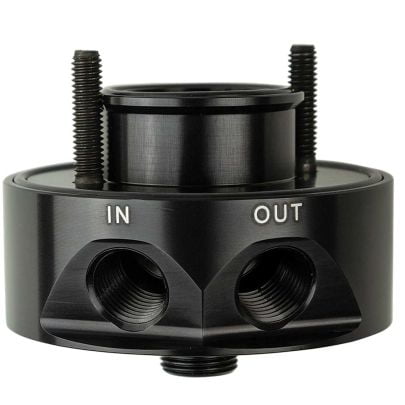 Adapter, Oil Filter, Sandwich, Aluminum, Black Anodized, 13/ 16-16 in. Thread, 1/ 2 in. NPT Inlet/ Outlet, GM, For Remote Oil Cooler, BLOCK NEEDS TO BE MILLED OR GROUND ON BBC ENGINES FOR FITTING CLEARANCE!!!
