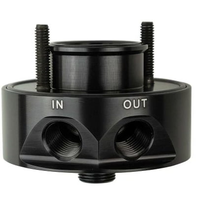 Adapters & Relocation Kits Adapter, Oil Filter, Sandwich, Aluminum, Black Anodized, 13/ 16-16 in. Thread, 1/ 2 in. NPT Inlet/ Outlet, GM, For Remote Oil Cooler, BLOCK NEEDS TO BE MILLED OR GROUND ON BBC ENGINES FOR FITTING CLEARANCE!!!