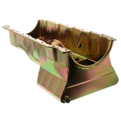 Oil Pans '55-'57 Chev. Oil Pan, Steel, MK V & VI, Gold Iridite, 6 qt., Extra Low Profile, 4.500" Stroke Max, 7-3/4", (18303 Pick-Up)