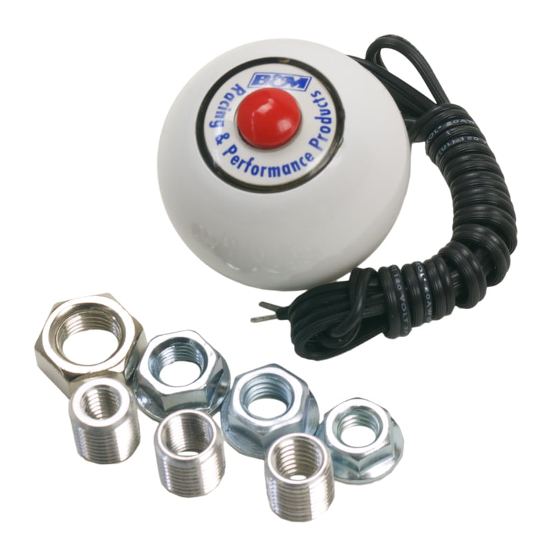 Shift Knob W/Button, Round, Plastic, White, B&M Logo, Thread: 1/2-20, 3/8-16, 3/8-24, 5/16-18