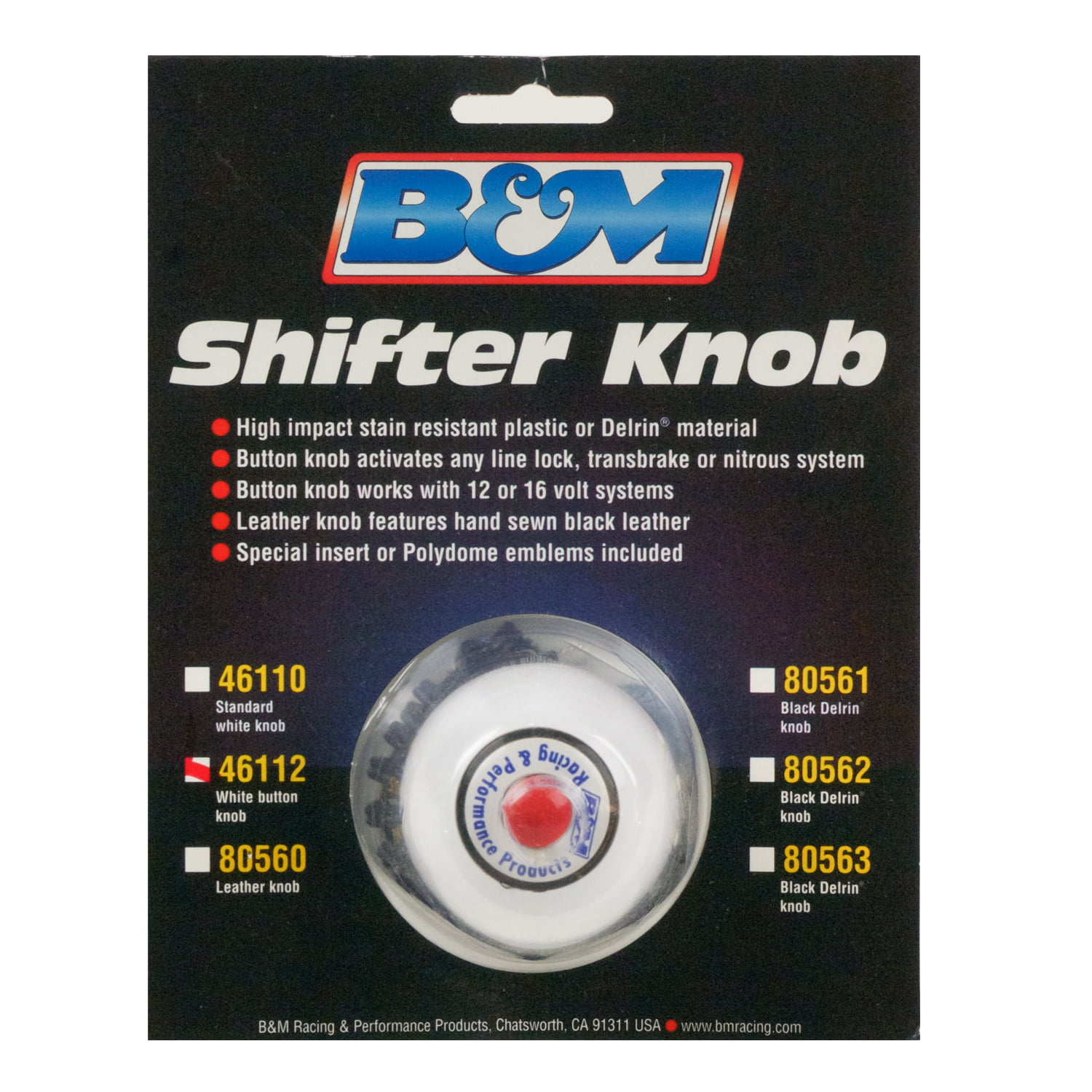 Shift Knob W/Button, Round, Plastic, White, B&M Logo, Thread