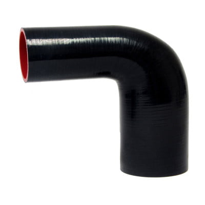 3.00" - 3.50" (76mm - 89mm), 90 degree Elbow Reducer 4 Ply, Silicone Hose Black, 4.00" Leg, - 65 deg. F to + 350 deg.