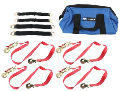 Ultra Pack, Red, (4x) 8' Direct Hook Ratchet Straps, (4x) 24" Padded Axle Straps, (4x) Strap Wraps, Storage Bag, 10,000 lb. Strap Rating