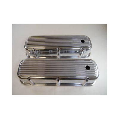 BBC Valve Covers, Polished Aluminum, Finned, Tall, W/ Baffle Hole (DOES NOT CLEAR SHAFT MOUNT ROCKERS)