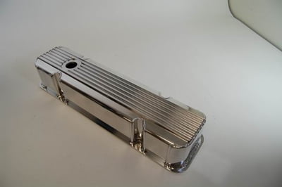 SBC Tall Valve Cover, Polished Aluminum, Billet Rail, Finned with Hole